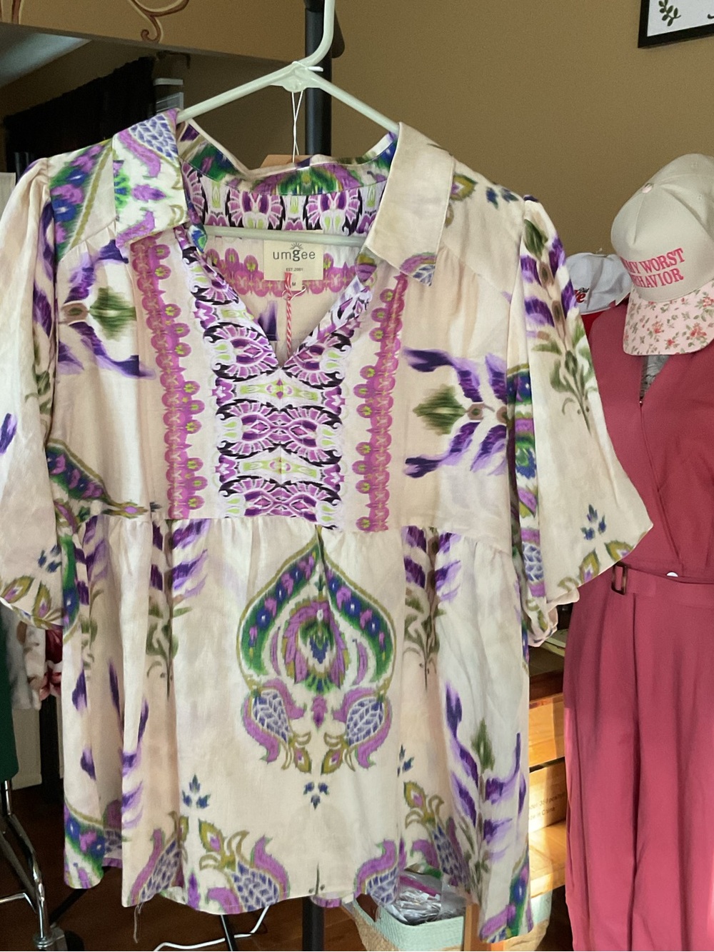 Umgee Cream Floral Embroidered Peasant Top - Purple & Green